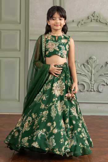 Shop Kalista Emerald Green Silk, Organza, Net Adwika Printed Lehenga Set Online at Aza Fashions Shop_Kalista_Emerald Green Silk, Organza, Net Adwika Printed Lehenga Set _Online_at_Aza_Fashions