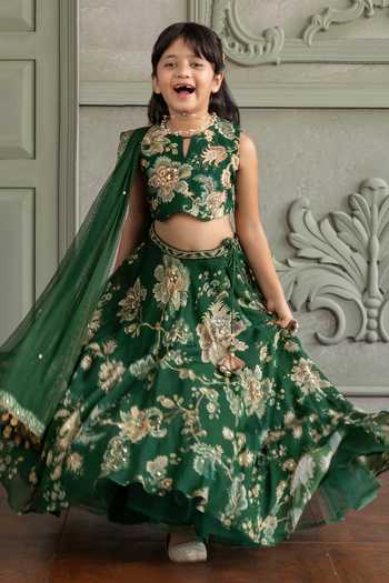 Kalista Emerald Green Silk, Organza, Net Adwika Printed Lehenga Set at Aza Fashions Kalista_Emerald Green Silk, Organza, Net Adwika Printed Lehenga Set _at_Aza_Fashions