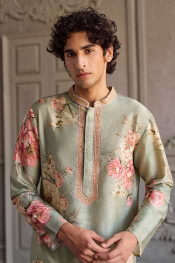 Kalista Green Chanderi Silk Rian Floral Print Kurta Set Online at Aza Fashions Kalista_Green Chanderi Silk Rian Floral Print Kurta Set _Online_at_Aza_Fashions