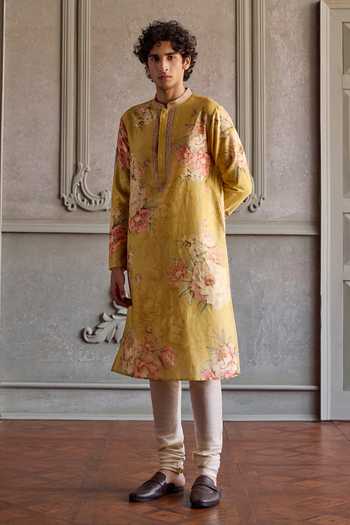 Kalista_Yellow Chanderi Silk Rian Printed Kurta Set _Online_at_Aza_Fashions