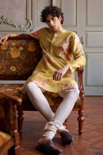 Buy_Kalista_Yellow Chanderi Silk Rian Printed Kurta Set _Online_at_Aza_Fashions