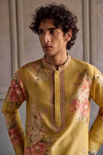 Shop_Kalista_Yellow Chanderi Silk Rian Printed Kurta Set _Online_at_Aza_Fashions