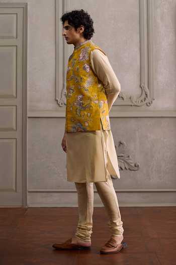 Buy_Kalista_Yellow Silk, Chanderi, Viscose Zivansh Printed Bundi And Kurta Set _Online_at_Aza_Fashions