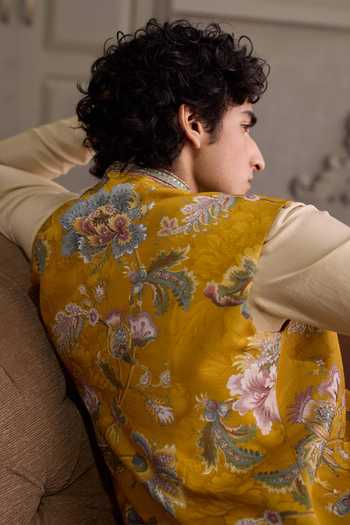 Shop_Kalista_Yellow Silk, Chanderi, Viscose Zivansh Printed Bundi And Kurta Set _Online_at_Aza_Fashions