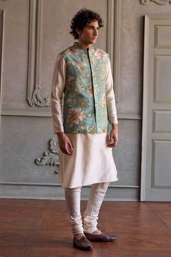 Buy_Kalista_Blue Silk, Viscose, Chanderi Zivansh Printed Bundi And Kurta Set _Online_at_Aza_Fashions