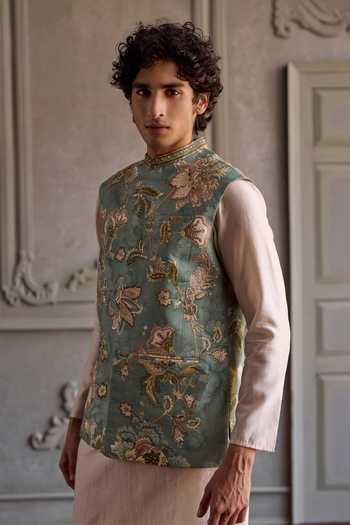 Shop_Kalista_Blue Silk, Viscose, Chanderi Zivansh Printed Bundi And Kurta Set _Online_at_Aza_Fashions
