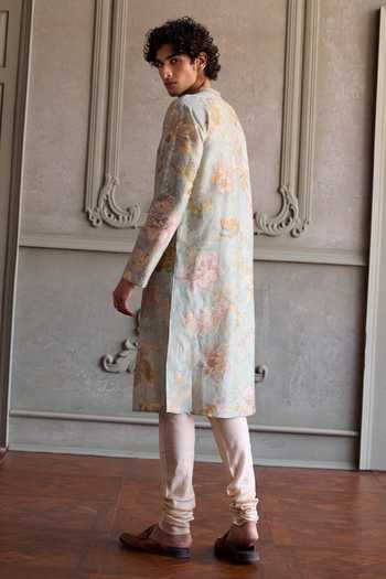 Shop_Kalista_Green Chanderi Silk Parth Printed Kurta Set _Online_at_Aza_Fashions