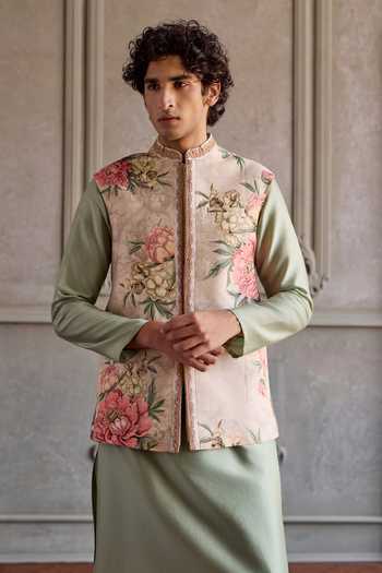 Buy_Kalista_Pink Silk, Chanderi, Viscose Embroidery Ronak Printed Bundi And Kurta Set _Online_at_Aza_Fashions