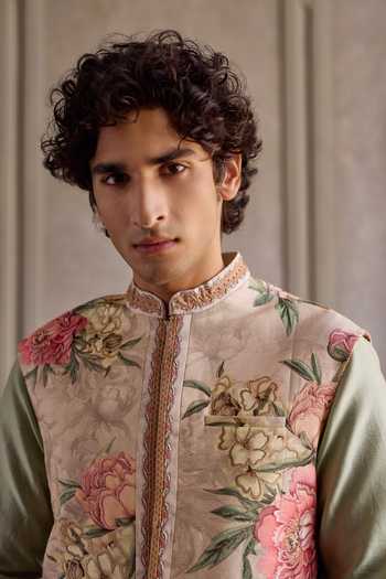 Shop_Kalista_Pink Silk, Chanderi, Viscose Embroidery Ronak Printed Bundi And Kurta Set _Online_at_Aza_Fashions
