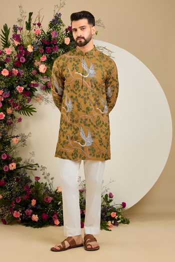 Kasbah Yellow Silk Flamingo Embroidered Kurta Online at Aza Fashions Kasbah_Yellow Silk Flamingo Embroidered Kurta _Online_at_Aza_Fashions