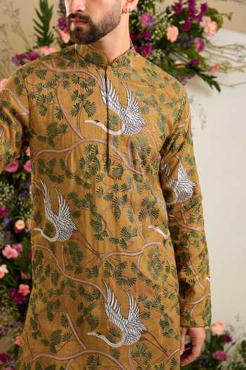 Buy Kasbah Yellow Silk Flamingo Embroidered Kurta Online at Aza Fashions Buy_Kasbah_Yellow Silk Flamingo Embroidered Kurta _Online_at_Aza_Fashions