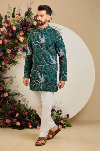 Kasbah Green Silk Flamingo Embroidered Kurta Online at Aza Fashions Kasbah_Green Silk Flamingo Embroidered Kurta _Online_at_Aza_Fashions
