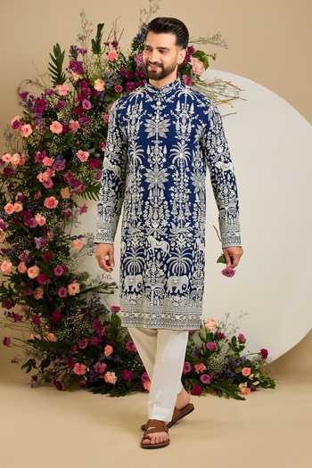Buy Kasbah Blue Georgette Flora And Fauna Embroidered Kurta Online at Aza Fashions Buy_Kasbah_Blue Georgette Flora And Fauna Embroidered Kurta _Online_at_Aza_Fashions