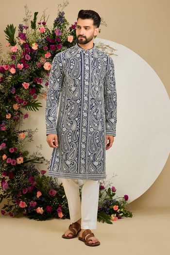 Kasbah_Blue Georgette Chikankari Paisley Embroidered Kurta _Online_at_Aza_Fashions