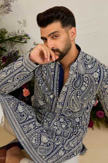 Buy_Kasbah_Blue Georgette Chikankari Paisley Embroidered Kurta _Online_at_Aza_Fashions
