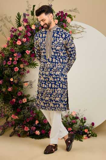 Kasbah_Blue Georgette Mughal Zari Embroidered Kurta _Online_at_Aza_Fashions