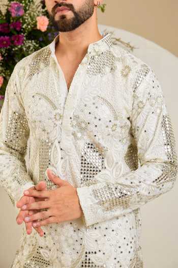 Kasbah White Net Mirror Floral Embroidered Kurta Online at Aza Fashions Kasbah_White Net Mirror Floral Embroidered Kurta _Online_at_Aza_Fashions