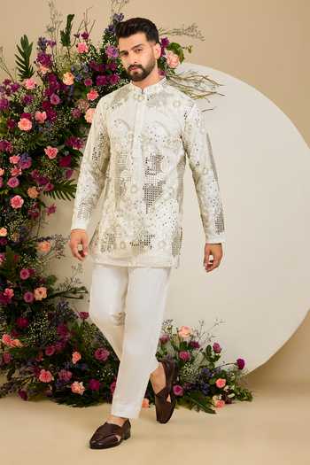 Buy Kasbah White Net Mirror Floral Embroidered Kurta Online at Aza Fashions Buy_Kasbah_White Net Mirror Floral Embroidered Kurta _Online_at_Aza_Fashions