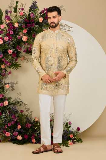 Kasbah Gold Net Floral Mirror Embroidered Kurta Online at Aza Fashions Kasbah_Gold Net Floral Mirror Embroidered Kurta _Online_at_Aza_Fashions