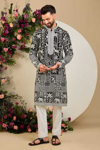 Kasbah_Black Georgette Flora And Fauna Embroidered Kurta _Online_at_Aza_Fashions