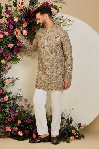 Kasbah Beige Georgette Sequin Floral Embroidered Kurta Online at Aza Fashions Kasbah_Beige Georgette Sequin Floral Embroidered Kurta _Online_at_Aza_Fashions