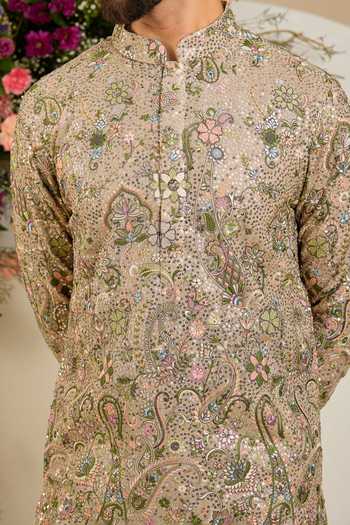 Buy Kasbah Beige Georgette Sequin Floral Embroidered Kurta Online at Aza Fashions Buy_Kasbah_Beige Georgette Sequin Floral Embroidered Kurta _Online_at_Aza_Fashions
