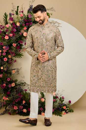 Kasbah Beige Georgette Sequin Thread Embroidered Kurta Online at Aza Fashions Kasbah_Beige Georgette Sequin Thread Embroidered Kurta _Online_at_Aza_Fashions