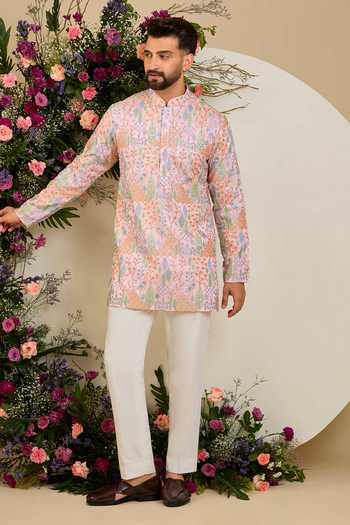 Kasbah Pink Silk Flora And Fauna Embroidered Short Kurta Online at Aza Fashions Kasbah_Pink Silk Flora And Fauna Embroidered Short Kurta _Online_at_Aza_Fashions