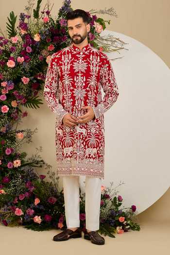 Kasbah_Red Georgette Flora And Fauna Embroidered Kurta _Online_at_Aza_Fashions