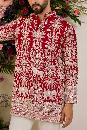 Buy_Kasbah_Red Georgette Flora And Fauna Embroidered Short Kurta _Online_at_Aza_Fashions