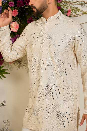 Kasbah_Cream Silk Mirror Embellished Kurta _Online_at_Aza_Fashions