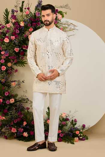 Buy_Kasbah_Cream Silk Mirror Embellished Kurta _Online_at_Aza_Fashions