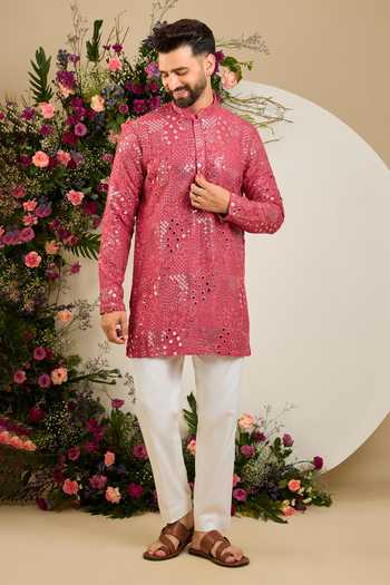 Kasbah_Pink Silk Mirror Embellished Kurta _Online_at_Aza_Fashions