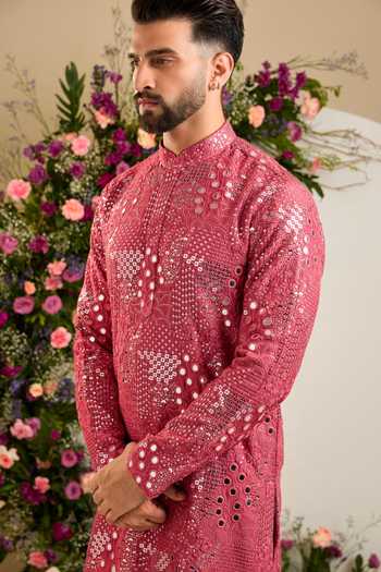 Buy_Kasbah_Pink Silk Mirror Embellished Kurta _Online_at_Aza_Fashions