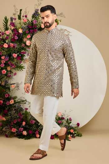 Kasbah Grey Georgette Mirror Zari Embroidered Kurta Online at Aza Fashions Kasbah_Grey Georgette Mirror Zari Embroidered Kurta _Online_at_Aza_Fashions