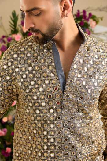 Buy Kasbah Grey Georgette Mirror Zari Embroidered Kurta Online at Aza Fashions Buy_Kasbah_Grey Georgette Mirror Zari Embroidered Kurta _Online_at_Aza_Fashions