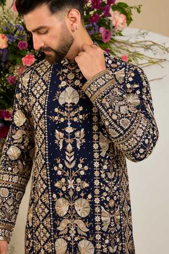 Kasbah_Blue Georgette Westbourne Regal Embroidered Kurta _Online_at_Aza_Fashions