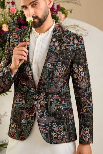Kasbah_Black Savile Botanica Embroidered Blazer _Online_at_Aza_Fashions
