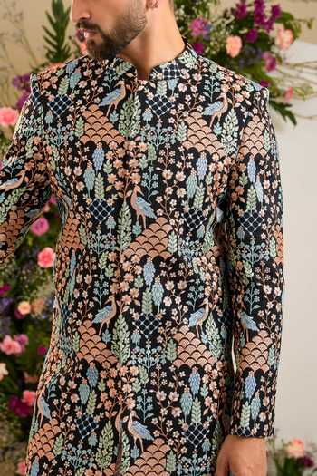 Kasbah_Black Silk Flora And Fauna Embroidered Sherwani _Online_at_Aza_Fashions