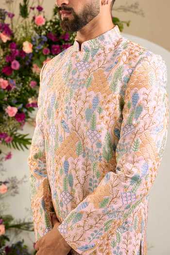 Kasbah Pink Silk Floral Thread Embroidered Sherwani Online at Aza Fashions Kasbah_Pink Silk Floral Thread Embroidered Sherwani _Online_at_Aza_Fashions