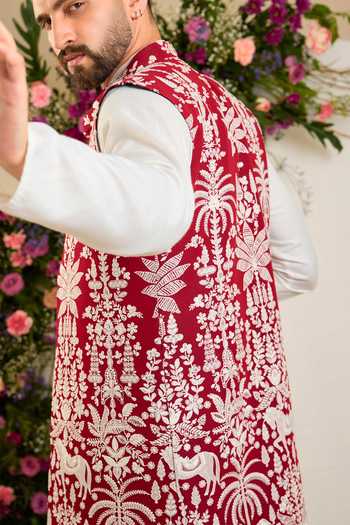 Kasbah_Red Georgette Flora And Fauna Embroidered Nehru Jacket _Online_at_Aza_Fashions