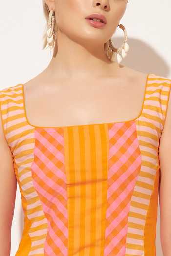 Linetribe Orange Cotton Square Neck Solis Panelled Dress Online at Aza Fashions Linetribe_Orange Cotton Square Neck Solis Panelled Dress _Online_at_Aza_Fashions