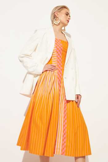 Buy Linetribe Orange Cotton Square Neck Solis Panelled Dress Buy_Linetribe_Orange Cotton Square Neck Solis Panelled Dress