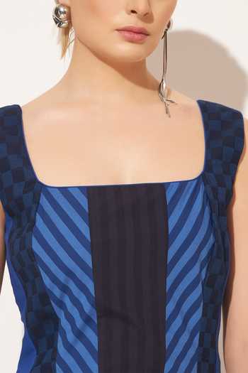 Linetribe Blue Cotton Square Neck Solis Stripe Pattern Dress Online at Aza Fashions Linetribe_Blue Cotton Square Neck Solis Stripe Pattern Dress _Online_at_Aza_Fashions