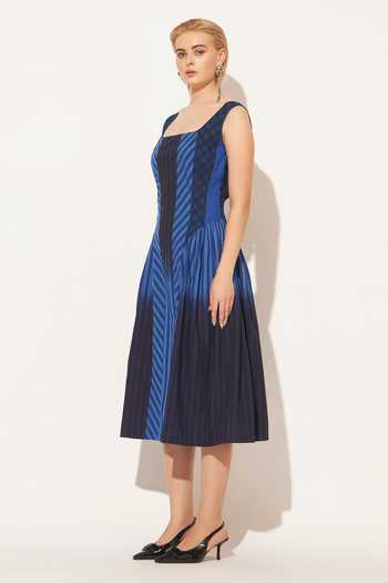 Shop Linetribe Blue Cotton Square Neck Solis Stripe Pattern Dress Online at Aza Fashions Shop_Linetribe_Blue Cotton Square Neck Solis Stripe Pattern Dress _Online_at_Aza_Fashions