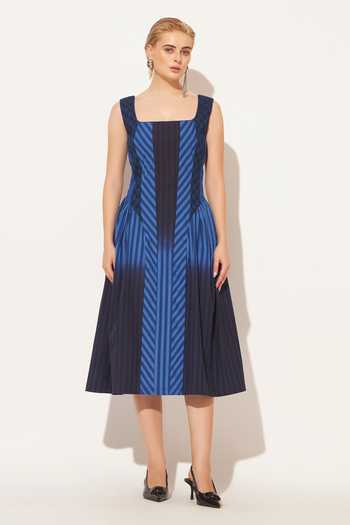Linetribe Blue Cotton Square Neck Solis Stripe Pattern Dress at Aza Fashions Linetribe_Blue Cotton Square Neck Solis Stripe Pattern Dress _at_Aza_Fashions