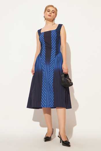Buy Linetribe Blue Cotton Square Neck Solis Stripe Pattern Dress Buy_Linetribe_Blue Cotton Square Neck Solis Stripe Pattern Dress