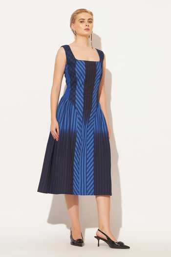 Shop Linetribe Blue Cotton Square Neck Solis Stripe Pattern Dress Shop_Linetribe_Blue Cotton Square Neck Solis Stripe Pattern Dress