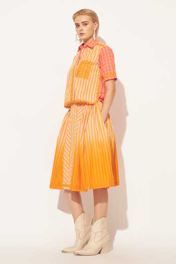 Linetribe_Orange Cotton Collared Neck Evara Printed Shirt And Skirt Set _Online_at_Aza_Fashions