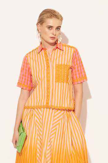 Shop_Linetribe_Orange Cotton Collared Neck Evara Printed Shirt And Skirt Set _Online_at_Aza_Fashions